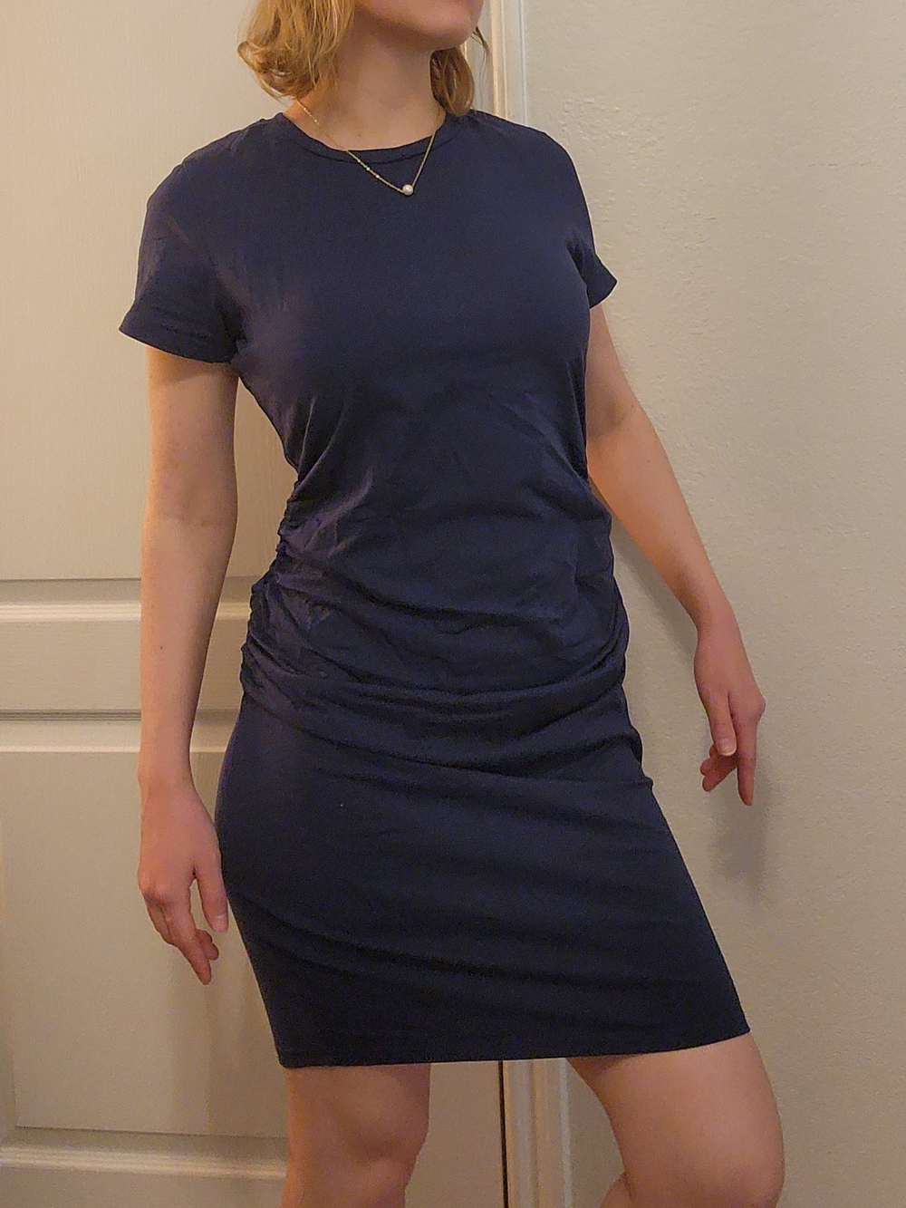 MISSUFE Navy Blue Ruched Waist Short Sleeve Bodycon T-Shirt Dress Size L